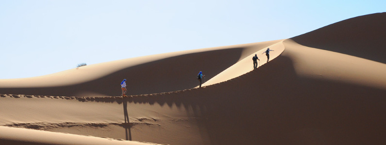  Quattro escursionisti percorrono una cresta di dune di sabbia finissima
