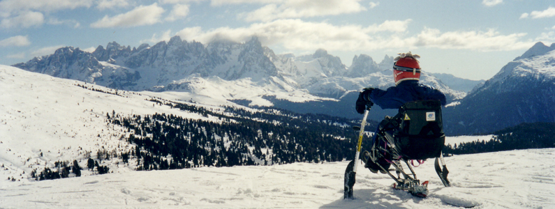 sciatore disabile su un monosci contempla dall'alto il paesaggio innevato della montagna