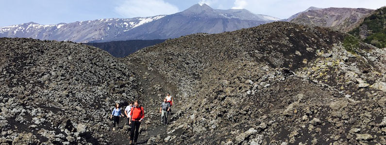 Un gruppo di escursionisti in fila su un sentiero 